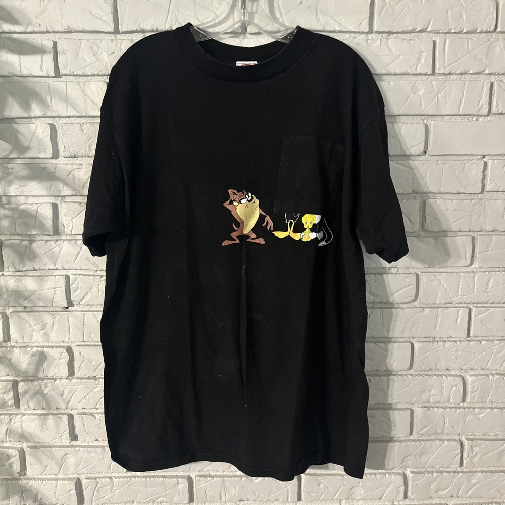Looney Tunes Shirt Mens XL Vintage 1997 Taz Tweety Sylvester Pocket Tee Black